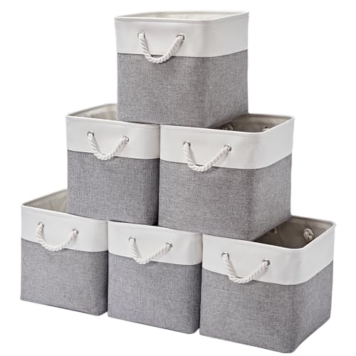 13 x 13 Inch Storage Cubes,6 Pack Cube Storage Bins for Shelves，Fabric Collapsible Storage Bins with Handles, Foldable Storage Basket for Organizing Clothes, Toys, Books (White&Gray) - color: White&Gray（cube）