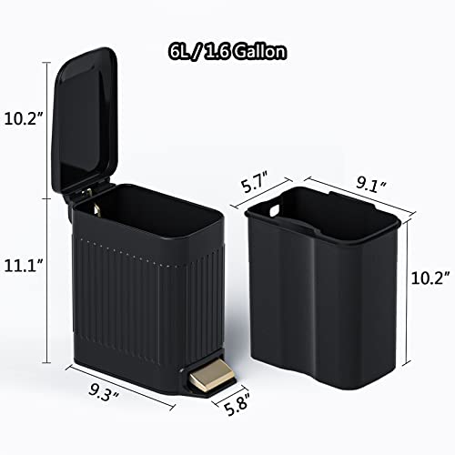 Small Bathroom Trash Can with Lid Soft Close-6L/1.6 Gal Slim Step Garbage Can-Metal Pedal Wastebasket-Narrow Rectangle Garbage Container Bin for Corner Office, Bedroom, Toilet, Live Room-Black - color: Embossed-Black