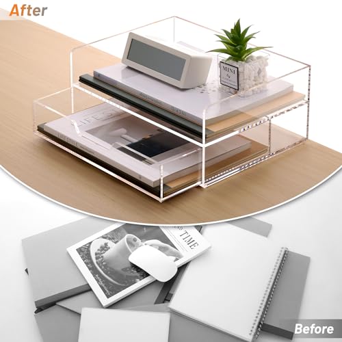 SANRUI 2-Tier Paper Letter Tray Organizer with Sliding Drawer,Stackable Desk Organizer,Acrylic Paper Tray for Office,Home or School,Clear - style: 2 Tier Horizontal File Tray with Drawer