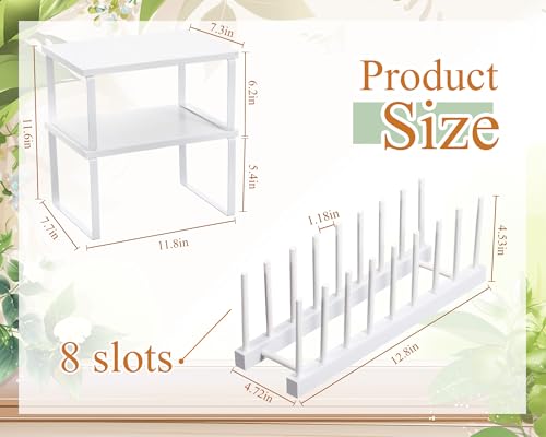 Marsui 4 Pcs Kitchen Organizer Accessories Set Cabinet Organizer Shelf and Bamboo Dish Drying Plate Rack Counter Shelves Storage Holder for Spice Rack, Dish, Pot Lid, Bowl, Cup (White) - color: White