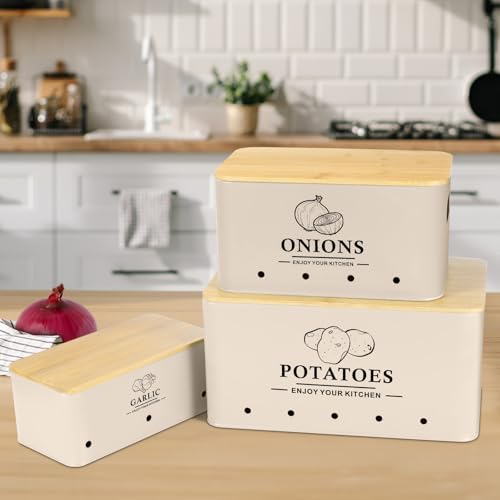 Kitchen Vegetable Storage Set of 3, Metal Onion Garlic Potato Storage Set, Kitchen Canisters Vegetable Keeper Containers with Aerating Holes and Wooden Lid (Beige) - color: Beige