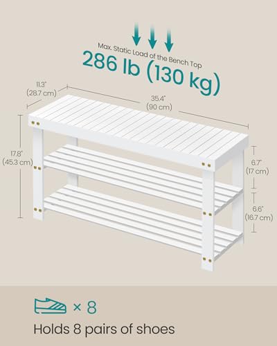SONGMICS Shoe Rack Bench, 3-Tier Bamboo Shoe Storage Organizer, Entryway Bench, Holds Up to 286 lb, 11.3 x 35.4 x 17.8 Inches, for Entryway Bathroom Bedroom, Cloud White ULBS090W01 - color: Cloud White, size: 35.4"W
