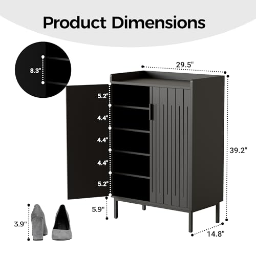 Mericonia Modern Shoe Cabinet with Metal Legs, Farmhouse Large 5-Tier Shoe Storage Cabinet with Doors, Wooden Shoe Organizer for Entryway, Hallway, Bedroom, Living Room (Modern Shoe Cabinet, Black) - color: A-black