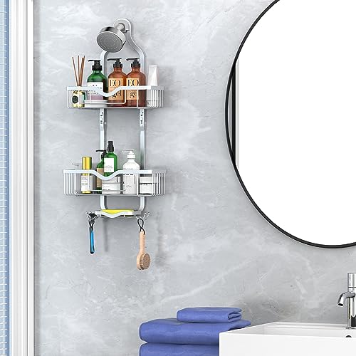 Kadolina Shower Caddy Hanging, Bathroom Shower Rack, Bathroom Organizer with Soap Dish, Over The Showerhead Caddy with Hooks for Razor/Sponge, Bright Silver (Assembly Required) - color: Bright Silver