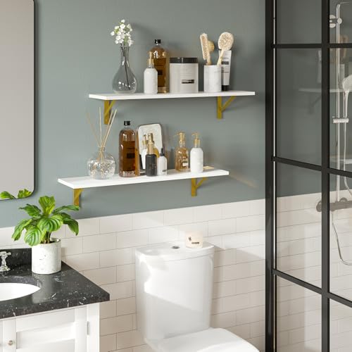 DINZI LVJ Long Wall Shelves, Set of 4, 31.5Inch Wall Mounted Shelves, Floating Shelves for Wall Storage with Metal Brackets, for Living Room, Bathroom, Bedroom, Kitchen, White and Gold - color: White+gold, size: 31.5 Inch (4 Pack)