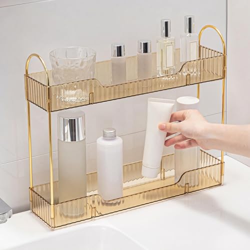 YCIA&DONE 2 Tiers Narrow Vanity Makeup Organizer, Bathroom Organizers Countertop Slim, Perfume Holder Skincare Storage Cosmetic Shelf Spice Rack, for Small Desktop Counter Space, Amber Gold - color: Amber Gold