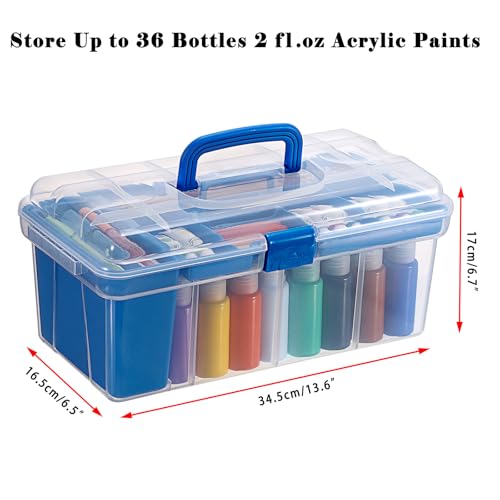 JUXYES Plastic Clear Craft Paint Bottle Storage Box with Divided Tray and Cleaning Cup, Portable Acrylic Paint Storage Organizer Case with Lid, Storage 36 Bottles of 2 fl. oz Acrylic Paints, Blue - color: Blue