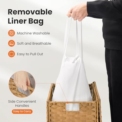110L Laundry Hamper with Lid, Hand-Woven Pp Rattan Laundry Basket with Compartments & Handles, Removable Liner Bags,Foldable, Narrow Dirty Clothes Basket, Yellow - color: 110L-Yellow