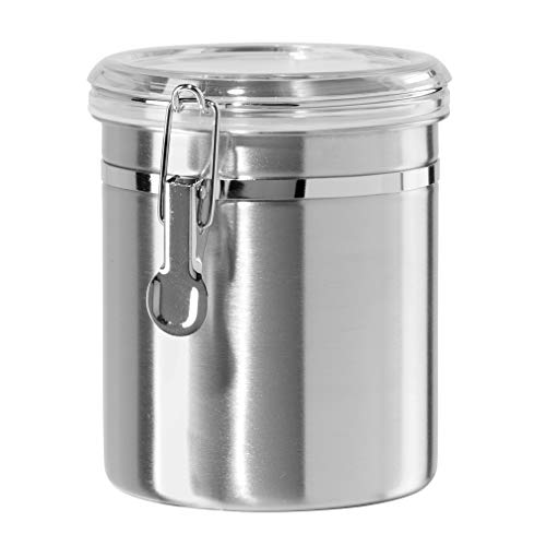 OGGI Stainless Steel Kitchen Canister 47oz - Airtight Clamp Lid, Clear See-Thru Top - Ideal for Kitchen Storage, Food Storage, Pantry Storage. Large Size 5" x 6" - color: Stainless Steel, size: 47 Fluid Ounces, style: Airtight Canister