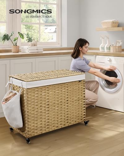 SONGMICS Laundry Hamper with Lid, 55.4 Gallons (210 L), Rolling Laundry Basket with Wheels, 4-Section Synthetic Rattan, Removable Liner, Bedroom, 33.9 x 15.7 x 26 Inches, Natural Color ULCB460Y01 - color: Natural, size: 210 L
