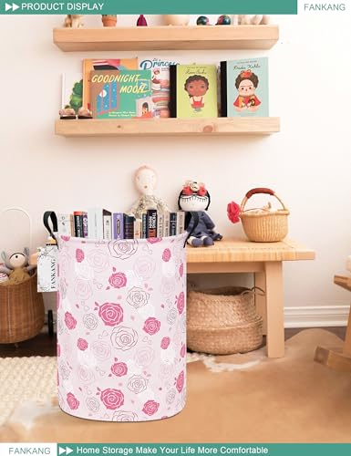 FANKANG Storage Basket, Nursery Hamper Canvas Laundry Basket Foldable with Waterproof PE Coating Large Storage Baskets for Kids Boys and Girls, Office, Bedroom, Clothes,Toys(Pink roses) - color: Pink roses