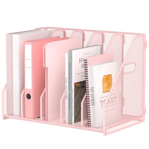 MINDEPOT Desk File Organizer Metal Desk Magazine Folder Holder with 5 Vertical Compartments Rack File Organizer for Office, Home, School (Pink) - color: Pink