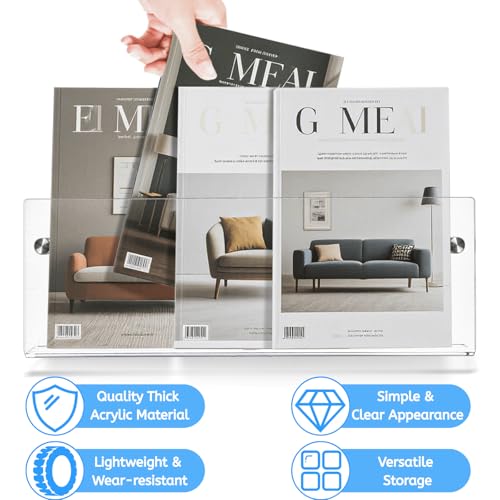 Youeon 2 Pcs Clear Acrylic Magazine Holder Wall Mount, 17 Inch Hanging Magazine Rack with Hardware, Floating Bookshelf Brochure Display Organizer for Home, Office, Reception Area