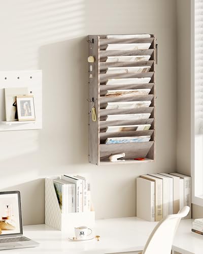 CHOEZON Wall File Organizer, 10-Tier Hanging Mail Organizer, Wall Mount File Holder with 4 Side Hooks, Industrial Mail and Storage Organizer, Wooden Vertical Hanging Holder for Office, Greige MWJ03FH - color: Greige, size: 10-Tier