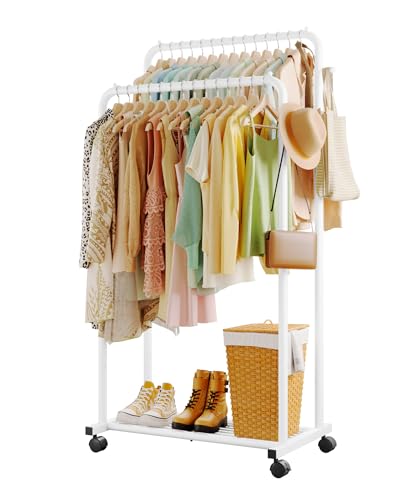 Sakugi Clothes Rack - Double Rods Clothing Rack with Mesh Shelf, Hooks & Wheels, Metal Clothing Racks for Hanging Clothes & Bags, Multifunctional Garment Rack for Laundry, White, 28.7" x 16.5" x 59.1" - color: White, size: Large 28.7"W x 16.5"D x 59.1"H