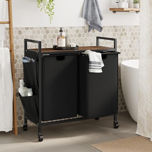 WOWLIVE Double Laundry Hamper with Lid,Rolling Laundry Basket Organizer with Wheels, Iron-Made Laundry Sorter with Top Shelf and 2 Removable Bags,Large Clothes Storage for Room,Black 1 - color: Black, size: 110L (30.0 x 13 x 32 Inches)