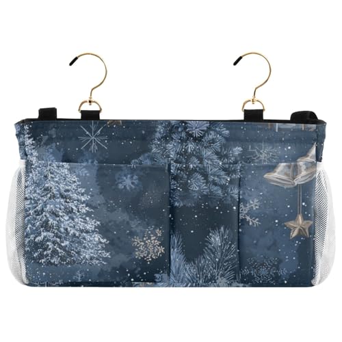 Bedside Caddy Metal Frame Hanging Organizer Bunk Bed Dorm Accessories Hook And Loop Storage Bag Large Pockets Denim Tree Present Christmas - color: Denim Tree Present Christmas