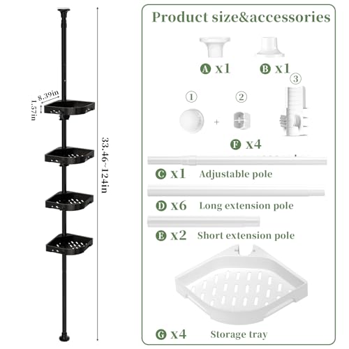 akinbas Tension Pole Shower Caddy Organizer with4 Tier L-Shaped Rust Resistant Bathroom Corner Shelves with 34-124 Inch Adjustable No Drilling Quick Install Shower Rack for Bath Essentials (Black) - color: Black, size: 4 Tier-Standard