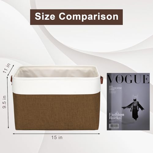 Bagnizer Storage Bins Large Fabric Storage Baskets for Shelves 3 Pack, Decorative Linen Closet Baskets with Handles for Organizing, Shelf, Clothes, Home, Office, 15x11x9.5Inches (Brown&White) - color: Brown / Off-White, size: Large -15"x11"x9.5"