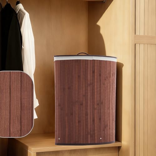 Bamboo Laundry Hamper Large 58L with Removable 2-Section Liner, Foldable Storage Basket with Lid and Handles for Bedroom, Laundry Room, Small Spaces – Brown - Triangle - color: Brown - Triangle