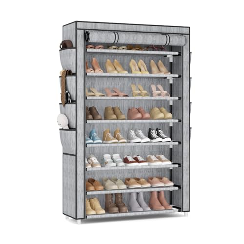 VILICK Shoe Rack with Cover, 8 Tier Tall Shoe Organizer Storage for 36-45 Pair Shoes and Boots Large Shoe Storage Shelf Free Standing Shoe Rack for Closet, Front Door Entrance, Dorm, Garage, Printing - color: Printing, size: 33.8"W-8 Tier