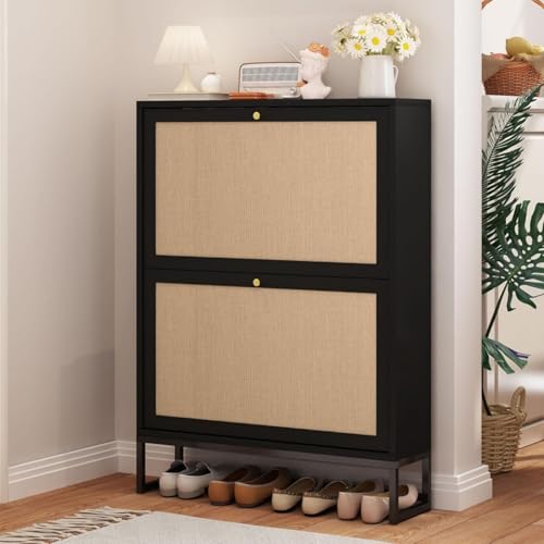 AVZEAR Narrow Shoe Cabinet with 2 Flip Drawer, Freestanding Shoe Organizer Shoe Cabinet Storage for Entryway, Slim Shoe Storage Shoe Rack for Closet with Linen Doors in Hallway, Living Room(Black) - color: Black, size: 2 Drawers Single Layer