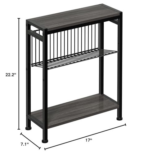 End Table for Small Space, 3-Tier Narrow Side Table with Magazine Holder,Slim Nightstand, Skinny Snack Couch Table in Living Room, Bedroom Study and Balcony (Grey) - color: Grey