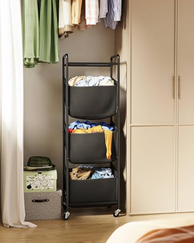 3 Section Laundry Sorter with Removable Bags, 120L Rolling Vertical Laundry Hamper, Stackable Laundry Baskets organizer for Bathroom, Apartment, Dorm (Black, With Wheel) - color: Black, size: With Wheel
