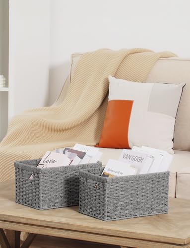 StorageWorks Round Paper Rope Storage Baskets, Rectangular Wicker Baskets with Built-in Handles, Gray, 2-Pack - color: Gray (Paper Rope), size: 2x 13¼"L x 8¼"W x 7"H