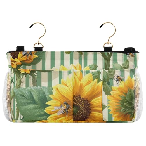 Bedside Caddy Metal Frame Hanging Organizer Bunk Bed Dorm Accessories Hook And Loop Storage Bag Large Pockets Green Striped Sunflowers and Bees - color: Green Striped Sunflowers and Bees