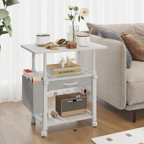 YAOHUOO Large 22"x15" Printer Stand, 3-Tier Height Adjustable with Storage Drawer & Side Bag, Rolling Cart for Heat Press/Laser/3D Printer (White) - color: White, size: 3-Tier