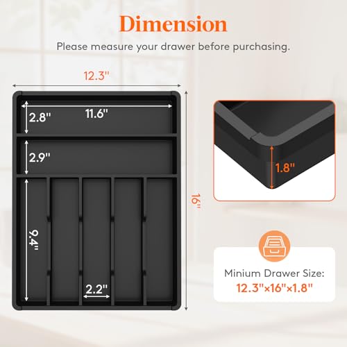 Lifewit Silverware Drawer Organizer Tray, Plastic Cutlery Storage for Kitchen, Flatware and Utensil Holder Divider for Spoons Forks Knives Tableware, 12.3 x 16", 7 Slots, Black - color: Black, size: 12.3 x 16 inch (7 Slots)