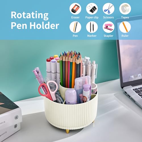 Marbrasse Desk Organizer, 360-Degree Rotating Pen Holder, 5-Compartment Pencil Organizer, Art Supply Storage Box Caddy for Office and Home (Ivory) - color: Ivory