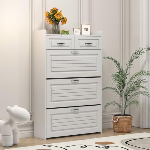 Lakifun Narrow Shoe Organizer Cabinet with 3 Large Flip Drawers & 2 Storage Drawers - Slim Shoe Storage for Entryway, Hallway, Bedroom, Apartment, White - color: Lvory White