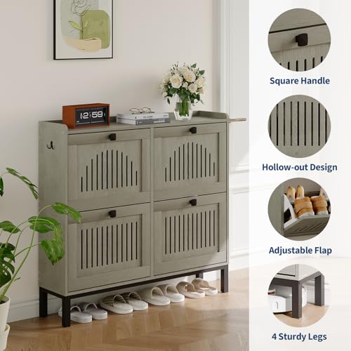 4-Door Flip Front Shoe Cabinet with Adjustable Shelves – Hidden Entryway Storage Organizer for Hallway, Foyer, Living Room – Freestanding Wooden Shoe Rack with Large Capacity & Modern Design, Grey - color: Grey, size: 9.45"D x 41.34"W x 37.9"H