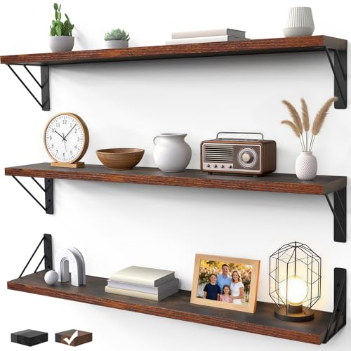 BAYKA Wall Shelves for Bedroom Decor, Floating Shelves for Wall, Display Mounted Rustic Wood Shelf for Books,Plants,Corner Shelves for Bathroom,Kitchen,Living Room(Rustic Brown，36in，Set of 3) - color: C. Rustic Brown Board & Black Brackets, size: 36-inch
