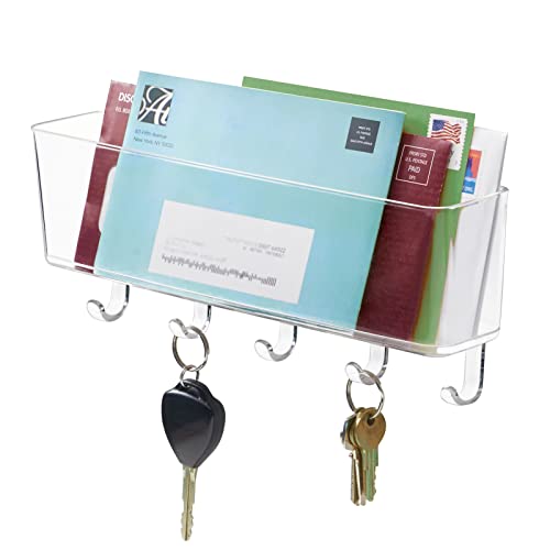 mDesign Plastic Wall Mount Mail and Key Holder with 5 Hooks, Hanger Rack Shelf for Home Entryway, Mudroom, Kitchen, Hold Letters, Cards, Magazines, Coats, Umbrellas, Ligne Collection - Clear - color: Clear
