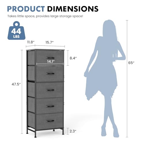 DUMOS Nightstand with 5 Drawers Bedside Table with Removable Fabric Bins Sturdy Steel Frame Wood Top Organizer Furniture for Bedroom Nursery Closet Living Room, Grey - color: Grey, size: 15.7"D x 11.8"W x 47.7"H (5 Drawers)