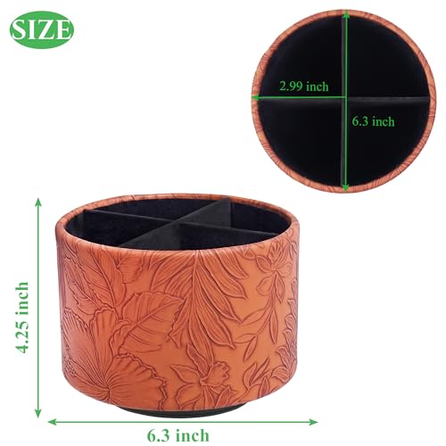 Hennaja Round Leather Art Supply Organizer,Remote Control Holder,360 Degree Spinning,Multi-Functional Pencil Holder,4 Compartments Desktop Stationary Organizer(1-Carved Brown) - color: 1-Carved Brown
