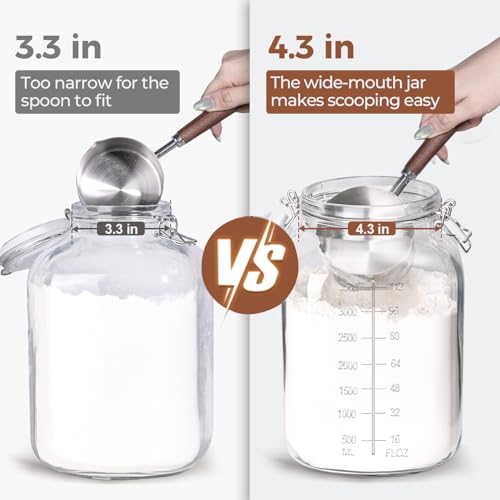 ComSaf 1 Gallon Square Glass Jars with Airtight Lids (135oz, Set of 2), Extra-Wide Mouth Canisters with Measurement Marks for Bulk Flour Storage, Fermenting Kombucha & Pickling - size: 1.1 Gal*2-Wide Mouth