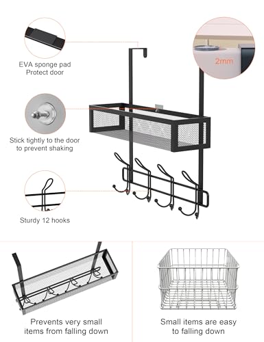 Over The Door Hooks Organizer Storage - Over The Door Hanger for Coat Rack, Storage with 12 Hook & 2 Mesh Baskets, for Bathroom,Bedroom,Kitchen,Office (Single Layer with 12 Hooks) - size: 2-Tier with 12 hooks