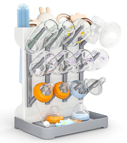 GoMaihe Baby Bottle Drying Rack: Space Saving Vertical Bottle Dryer Holder - Baby Accessories Storage Stand Organize Brushes Pacifiers on Countertop - BPA-Free - Gray - color: Gray