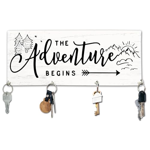 The Adventure Begins Wooden Key Holder for Wall - 5"x10" Key Organizer Hanger with 4 Hooks for Home Front Door Hallway Entryway Kitchen - Home Office Decor & Housewarming Gifts Supplies - A02 - color: The Adventure Begins