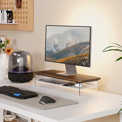 Fenge Acrylic Monitor Stand Riser, 23.6 Inches Monitor Stand with Metal Storage, 2 Tier Acrylic Computer Riser for Desk, Clear Laptop Stand for PC, Laptop, Printer, TV - color: Brown, size: 23.6in