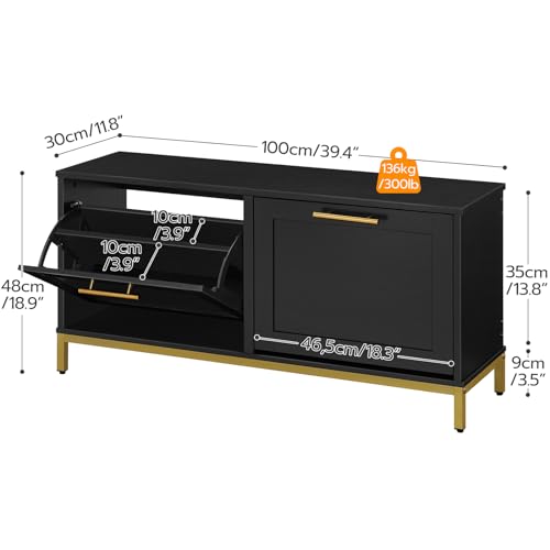 HOOBRO Shoe Bench with Storage, Shoe Storage Bench with 2 Flip Drawers, 39.4" Shoe Cabinet with Bench, Hidden Shoe Rack Organizer for Entryway, Foyer, Hallway, Mudroom, Black and Gold DB48HX01 - color: Black + Gold