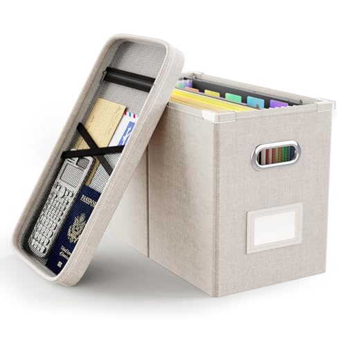 Oterri File Organizer Box with Lid, Hanging Filing File Box with Mesh Pocket, Document Organizer Box for Letter Files, Portable Storage Box with Smooth Sliding Rail for Office&Home (1 PCS, Beige) - color: Beige, size: 1 PCS