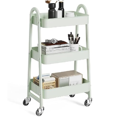 OLIXIS Metal 3 Tiers Utility Rolling Cart with Lockable Caster Wheels, Mobile Storage Shelf, Organization for Livingroom, Bathroom & Narrow Places, Pale Green - color: 3-tiered Pale Green, size: 3-Tiered 17 inches
