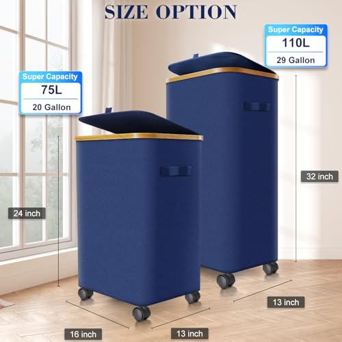 Laundry Hamper with Wheels,20 Gal (75L) Laundry Basket with lid Rolling Clothes Hamper Foldable Dirty Clothes Basket on wheels with Bamboo Frame and Bag for Bedroom, Dorm, Laundry Room-Blue - color: Blue, size: 75 L