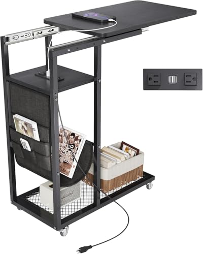 Colima C Shaped End Table with Charging Station (Black, Extra Large) - color: Black