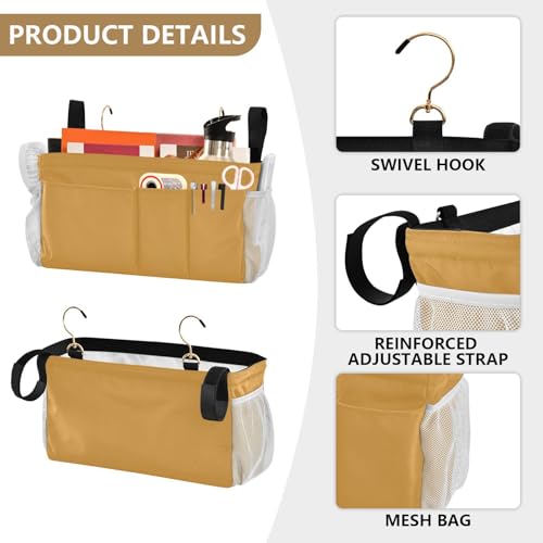 Mustard Yellow Bedside Caddy Storage Bag Bedside Organizer for Bunk Bed Headboards College Hanging Bag Bedside Shelf 6 Pockets with Hooks for Magazine Water Bottle Holder - color: Mustard Yellow